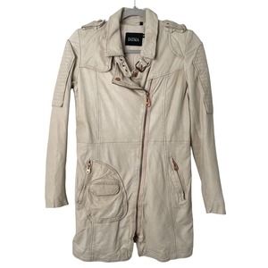 Doma RARE Cream Full Extension Distressed Leather Moto Trench Jacket | sz S